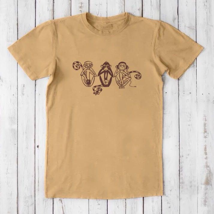 Mustard yellow men's bamboo & organic cotton T-shirt with brown Three Wise Monkeys design, classic fit statement tee by Uni-T.