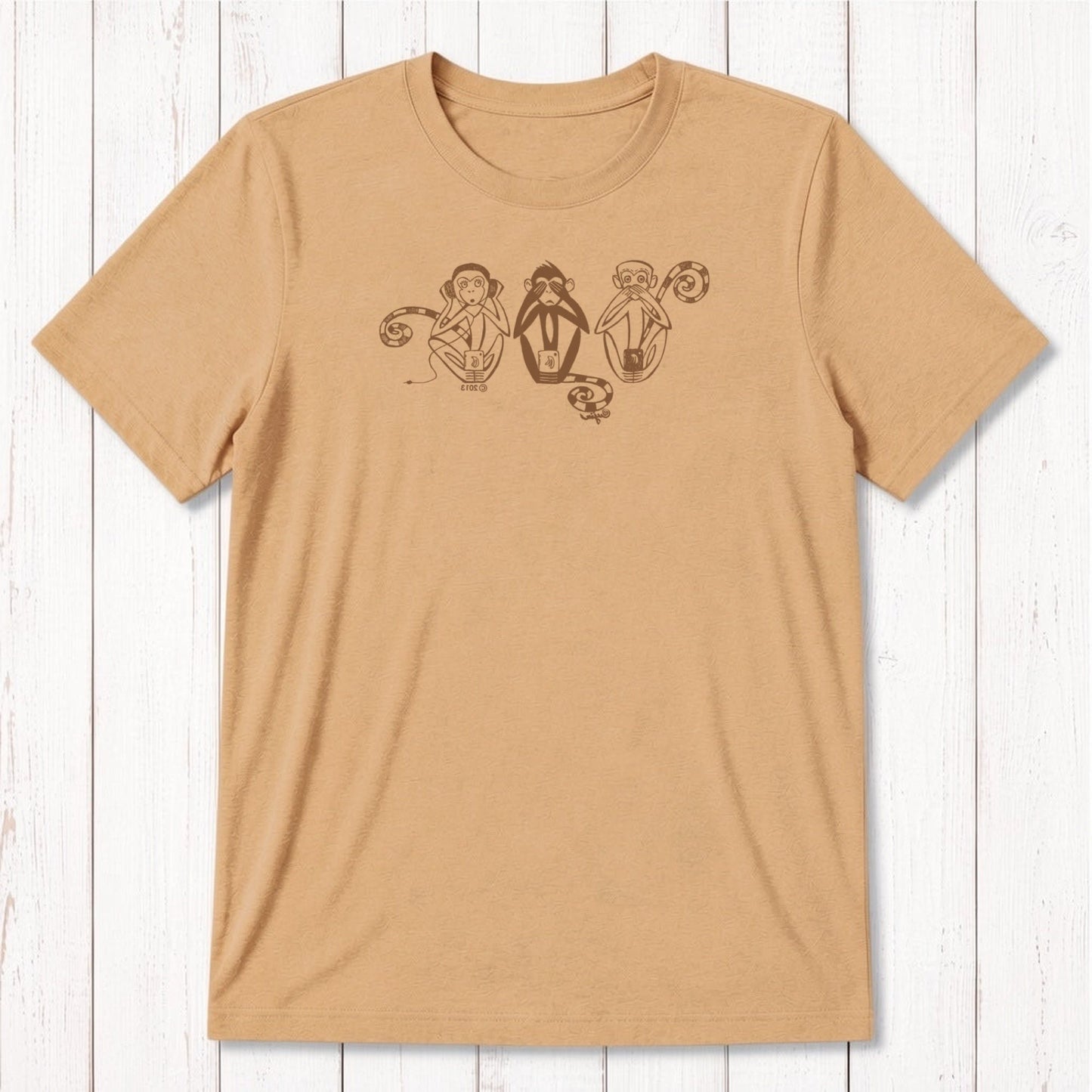 Mustard yellow men's bamboo & organic cotton T-shirt with brown Three Wise Monkeys design, classic fit statement tee by Uni-T.