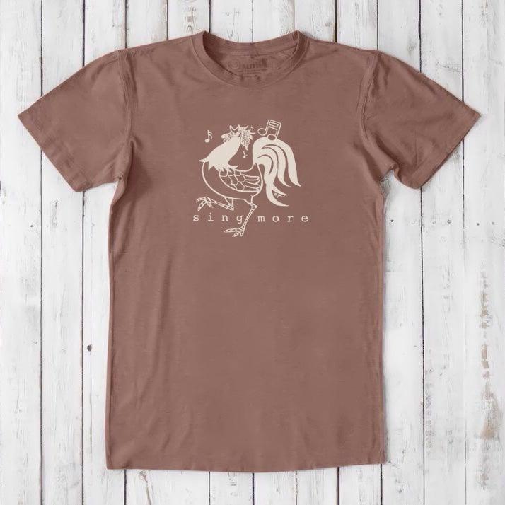 Brown men's bamboo and organic cotton t-shirt with light rooster and 'Sing More' text, classic fit funny farm animal design.