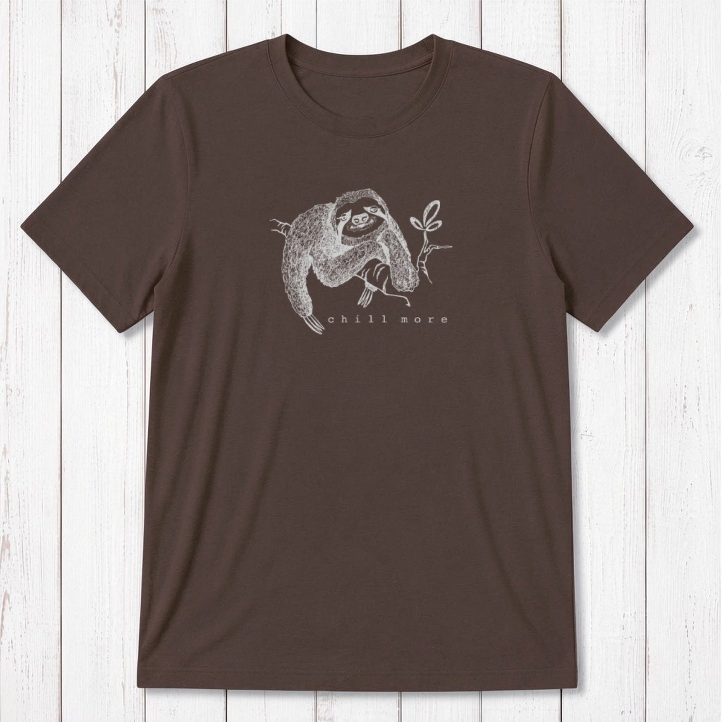 Chocolate brown men's bamboo and organic cotton T-shirt with lounging sloth and 'Chill More' text, eco-friendly casual wear.