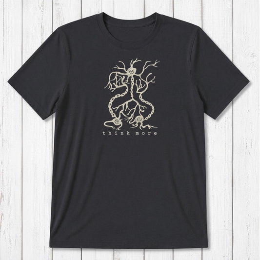 Men's Neuron T-Shirt in black bamboo & organic cotton with beige brain graphic and 'think more' text, classic fit science-themed gift tee.