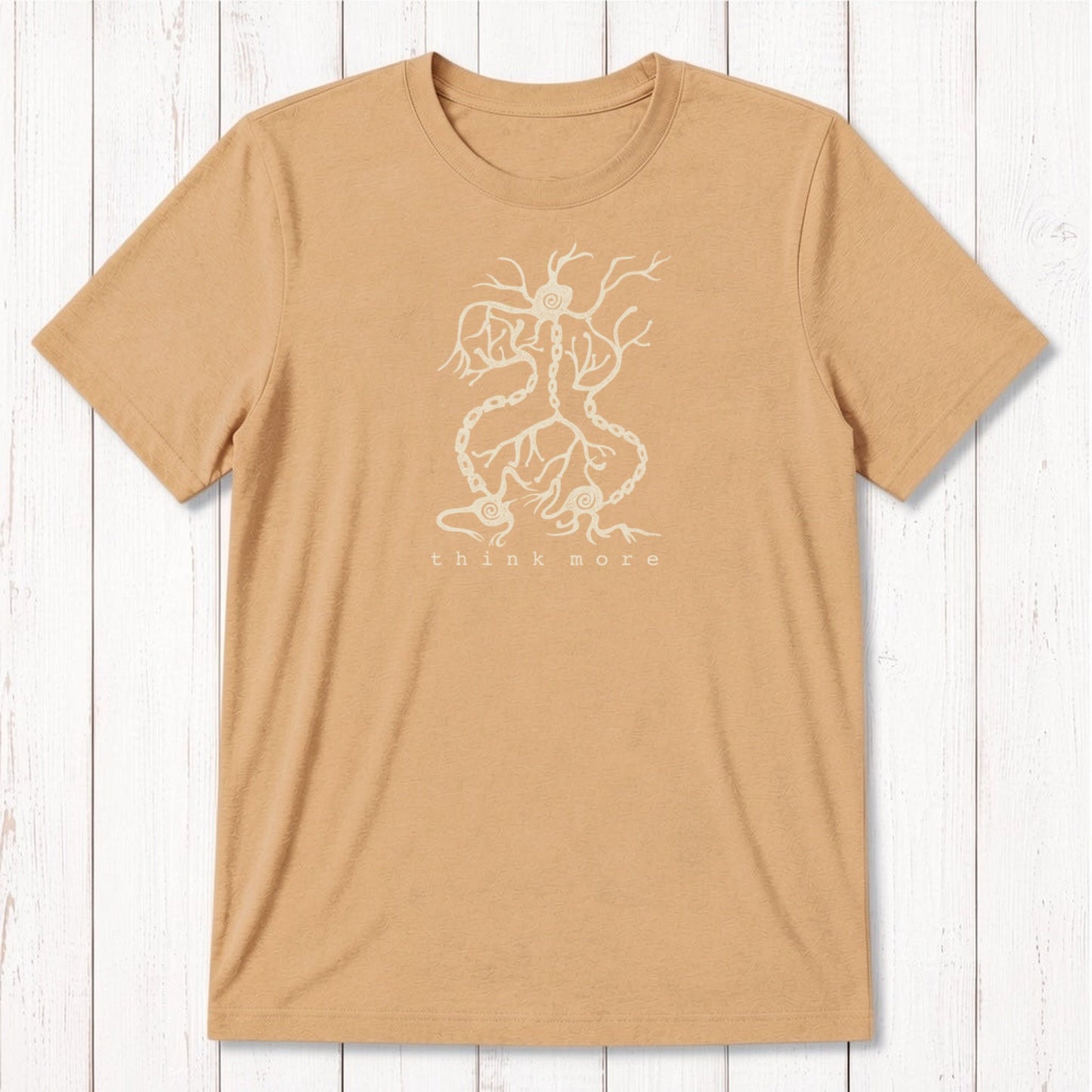 Men's Neuron T-Shirt in mustard yellow bamboo & organic cotton with white neuron design and 'think more' text, eco-conscious educational tee.