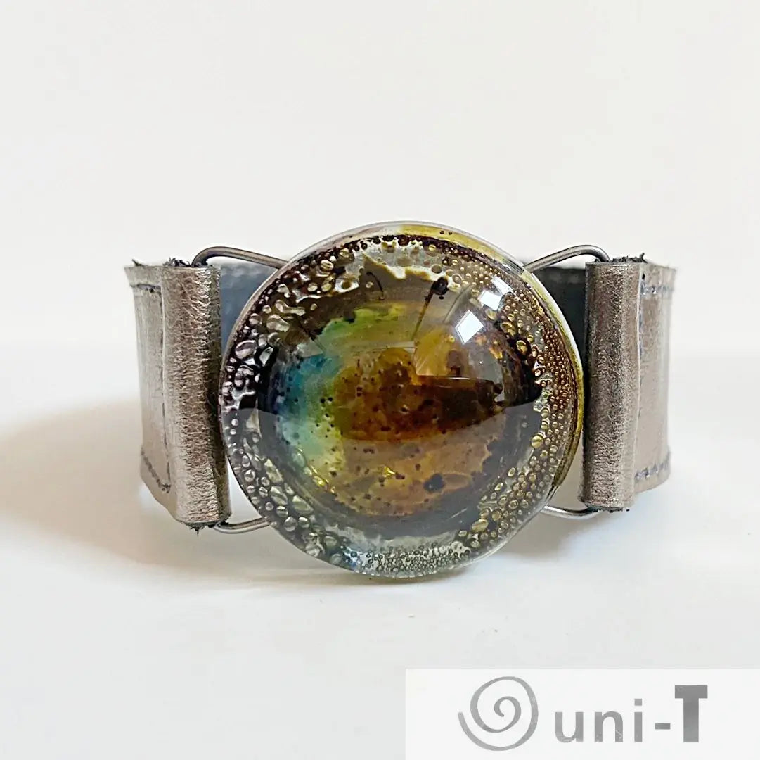 Metallic Leather Cuff with Copper Recycled Fused Glass - Narrow Carolina Portillo