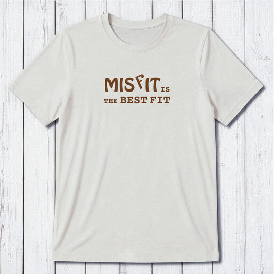 Men's Misfit T-Shirt in ivory with brown text, made from bamboo and organic cotton. Eco-friendly self-expression tee for nonconformist style.