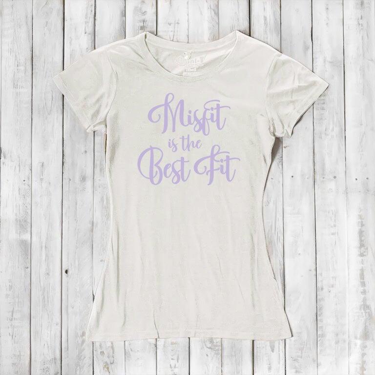 Ivory Women's Misfit T-Shirt in bamboo and organic cotton with lavender script. Light, breathable tee for unique, eco-friendly style.