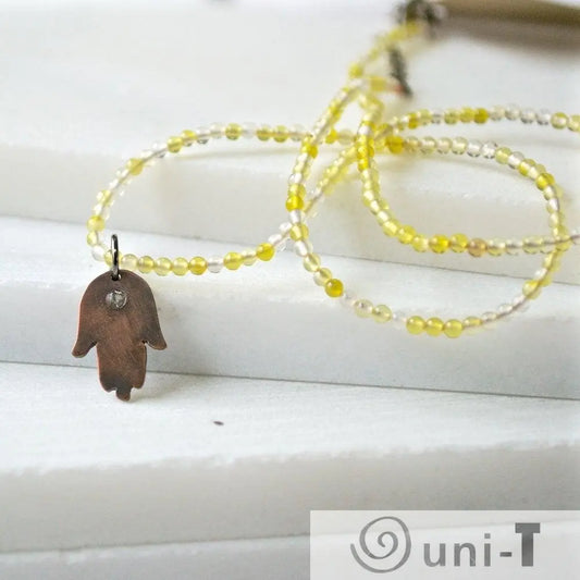 Mixed Gemstones with Hand Cut Copper Hamsa & Topaz Charm Necklace Sasha Walsh