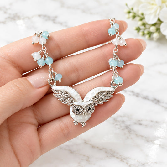 Mother of Pearl Owl with White and Aqua Chalcedony Cluster and Sterling Silver Chain Necklace Regina McGearty