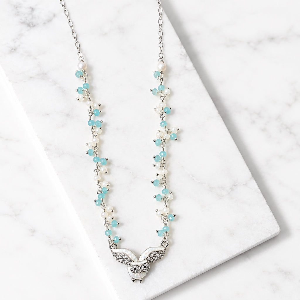 Mother of Pearl Owl with White and Aqua Chalcedony Cluster and Sterling Silver Chain Necklace Regina McGearty