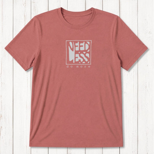 Men's motivational t-shirt in bamboo and organic cotton in faded red with 'Need Less Do More' quote. Classic fit eco-friendly gift for him.