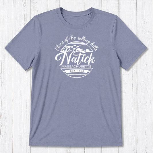 Men's Natick T-Shirt in lavender bamboo & organic cotton with 'Place of the Rolling Hills' graphic. Classic fit local townie gift tee.