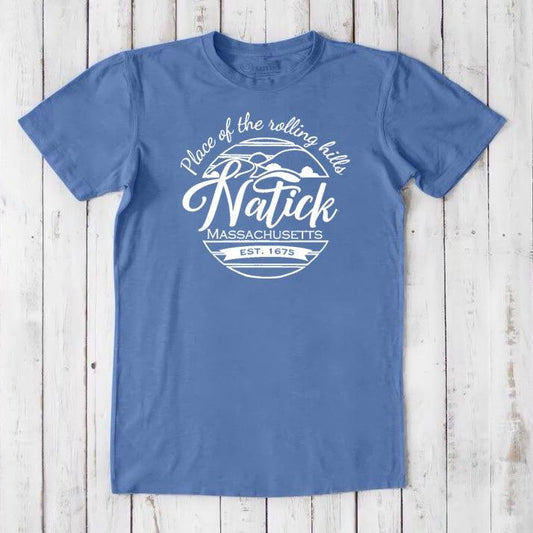 Men's Natick T-Shirt in blue bamboo & organic cotton featuring 'Natick, Massachusetts' hometown pride design. Soft, eco-friendly classic fit tee.