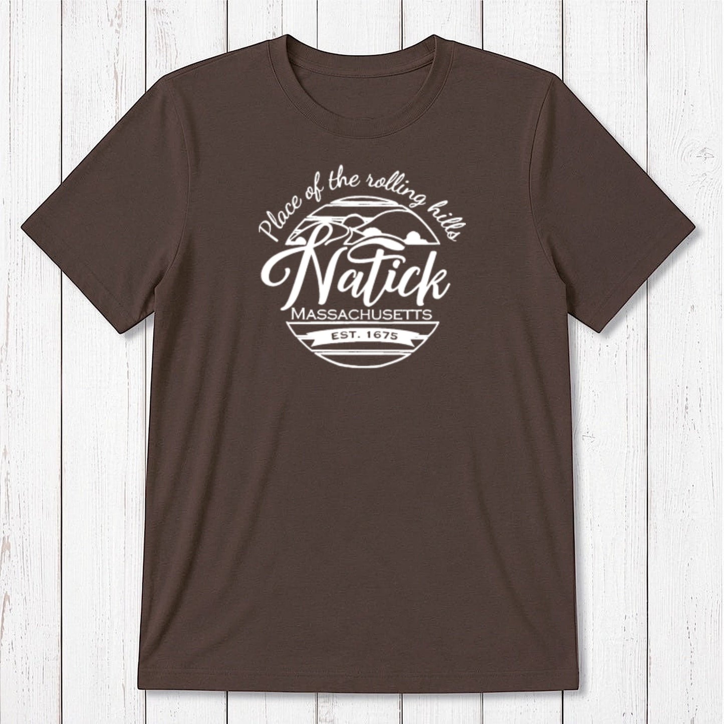 Chocolate brown men's Natick T-Shirt in bamboo & organic cotton. Classic fit tee with white 'Place of the Rolling Hills' hometown graphic.