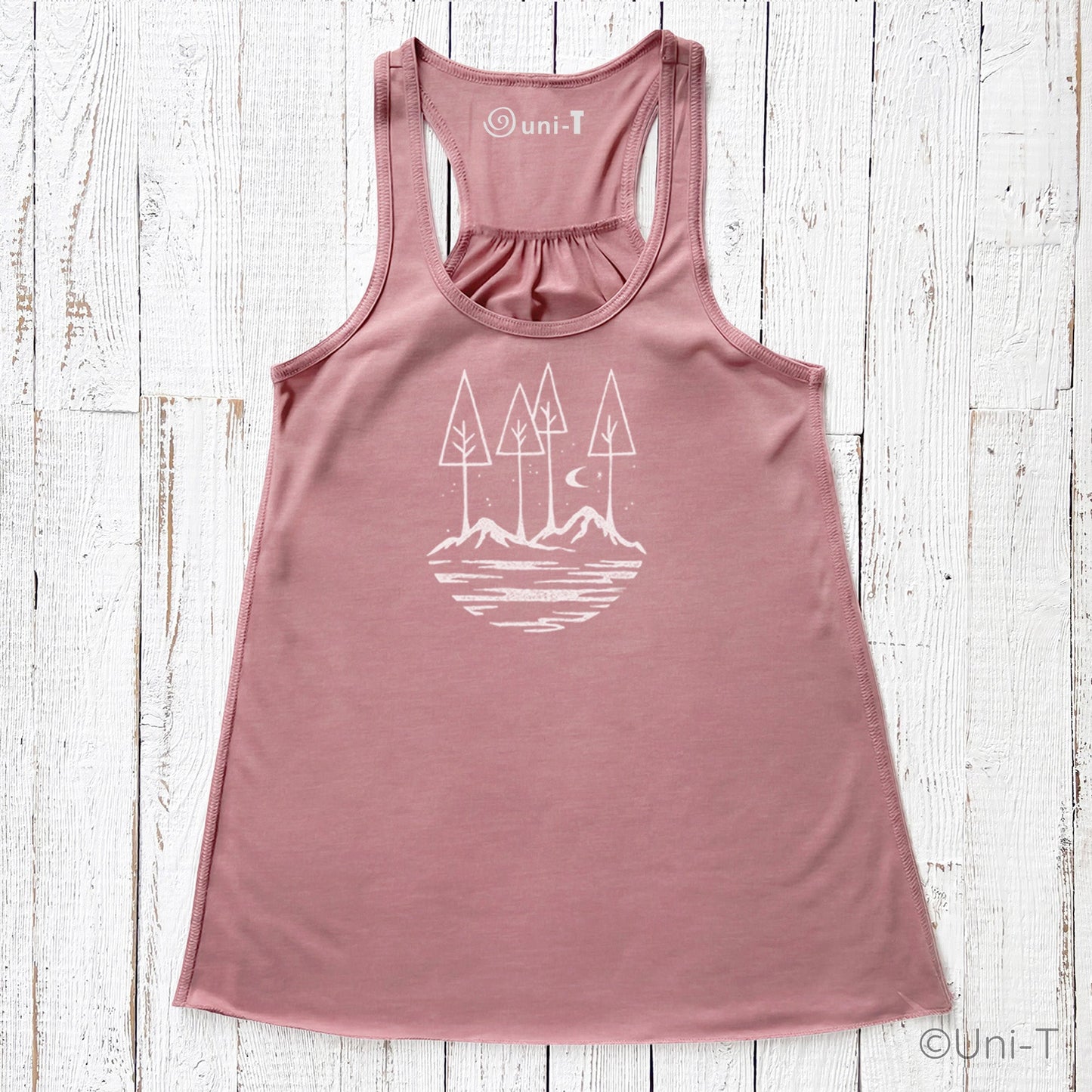 Rose pink Nature Flowy Tank Top for Women with white minimalist nature print. Soft, breathable fabric ideal for summer adventures.