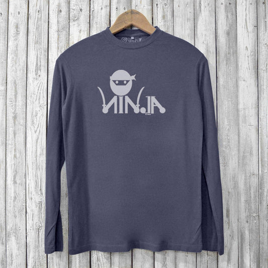 Dark gray Ninja Long Sleeve T-shirt for Men crafted from sustainable bamboo and organic cotton with a bold ninja print, ideal for eco-conscious wearers.