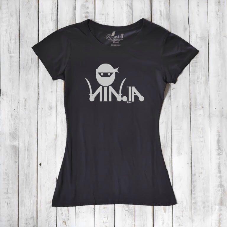 Black Women's Ninja T-Shirt with white ninja graphic, sustainable bamboo & organic cotton tee for karate and MMA fans.