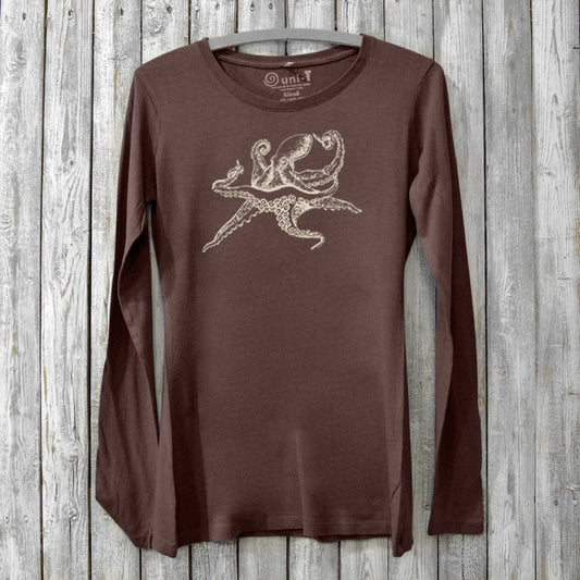 Dark brown Women's Octopus Long Sleeve T-Shirt made from bamboo and organic cotton, featuring marine-inspired ivory octopus print.