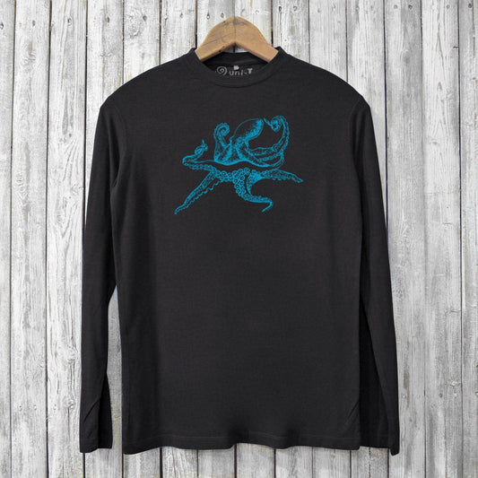 Black bamboo and organic cotton men’s long sleeve T-shirt featuring a vibrant blue octopus design. Stylish Octopus Long Sleeve T-shirts for ocean lovers.