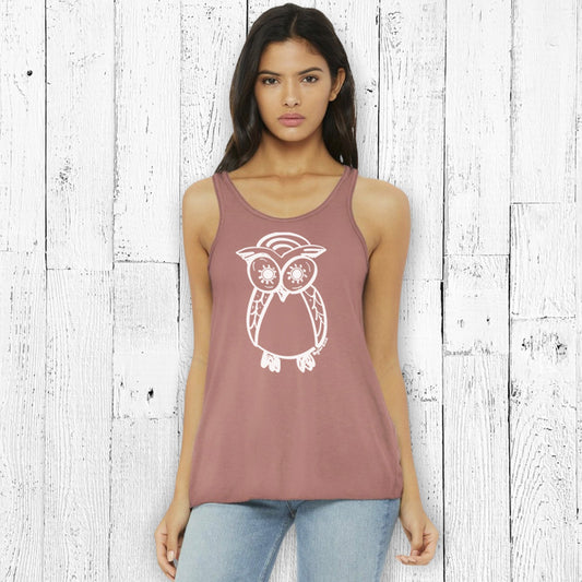 Model wearing Owl Flowy Tank Top for Women in mauve with white owl print. Soft blend fabric offers comfort and style for everyday outfits.