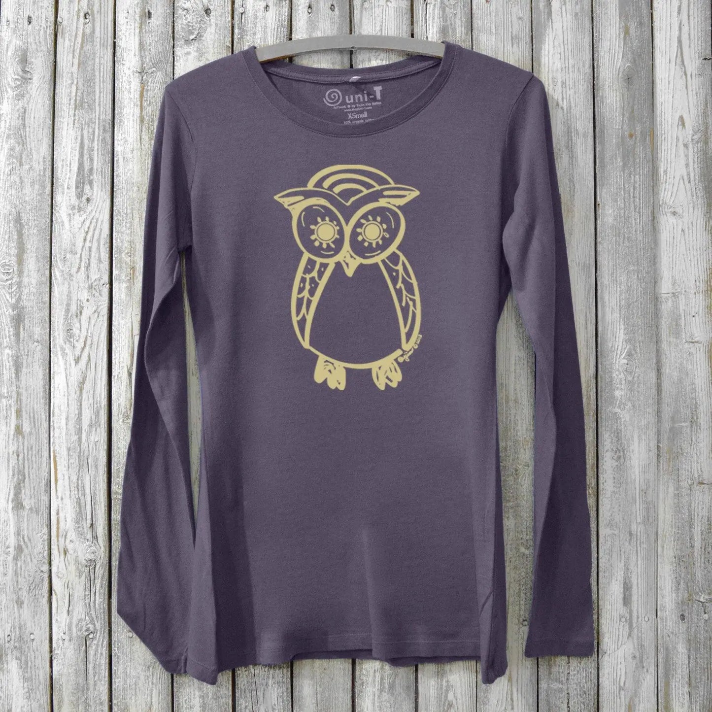 Dark purple owl long sleeve t-shirt for women crafted from bamboo and organic cotton. Elegant wildlife design perfect for eco-conscious bird lovers.