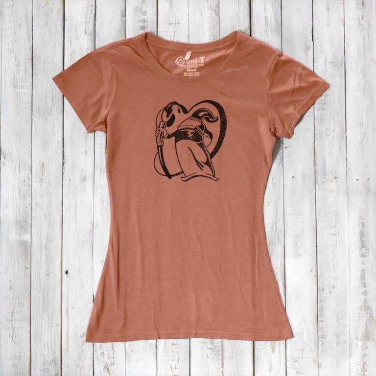 Terracotta bamboo and organic cotton women's t-shirt featuring 'Paint More' graphic by Eujin Kim Neilan. Eco-friendly gift for art lovers.