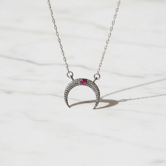 Antique sterling silver moonstone ruby necklace with crescent pendant, adorned with pave set stones and 16'' delicate chain.