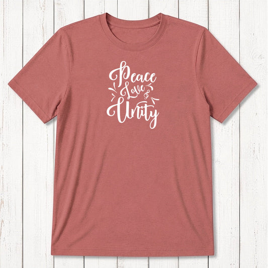 Men's Peace Love Unity T-Shirt in red-clay bamboo and organic cotton with bold white graphic, sustainable and positive message apparel.