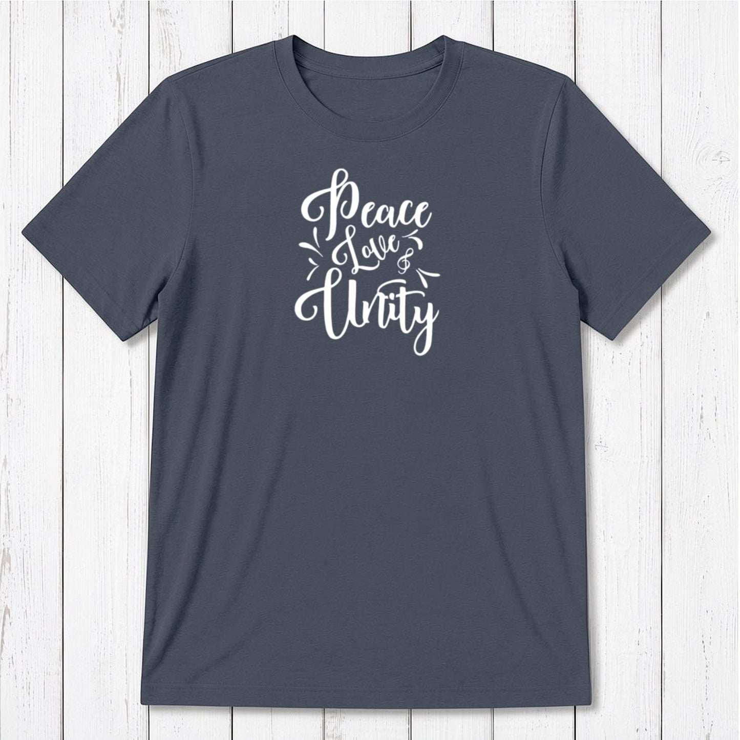 Men's Peace Love Unity T-Shirt in navy bamboo and organic cotton with white graphic, inspirational and sustainable gift for him.