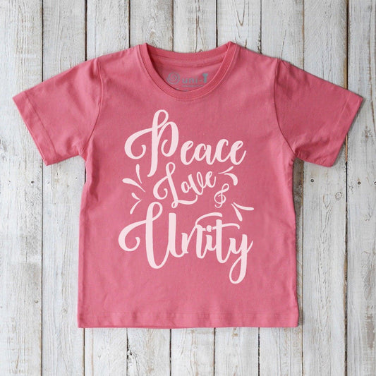 Sunset-pink Kids' Peace Love & Unity Organic Cotton T-Shirt featuring bold white lettering, soft eco-conscious tee by Uni-T for positive messaging.