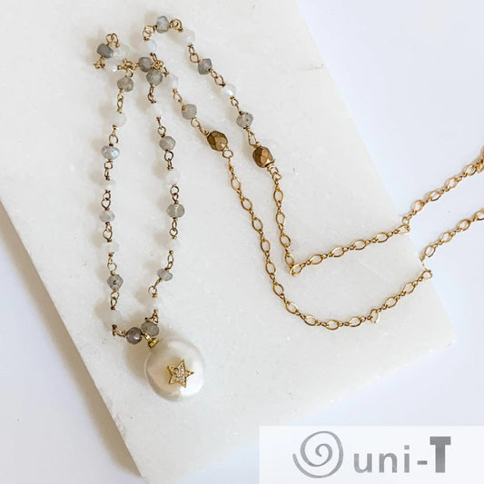 Pearl, Moonstone and Labradorite with 14K Gold Filled Necklace Regina McGearty