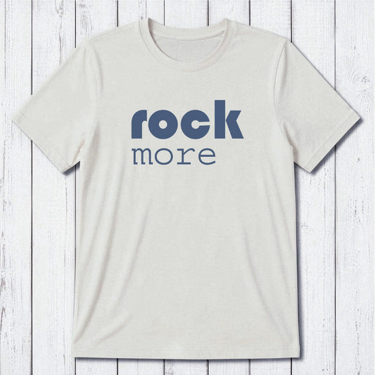 White bamboo and organic cotton men's 'Rock More' T-shirt with blue concert-style quote, perfect gift for rock fans.