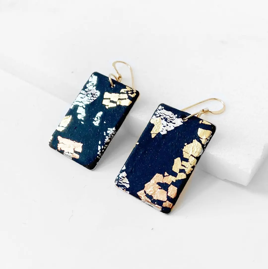 Rectangle Polymer Clay Earrings - Black, Copper and Gold Sandrine Colson
