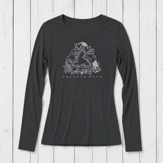 Women’s Recycle Symbol Long Sleeve T-Shirt in black bamboo and organic cotton. Eco-friendly sustainable top with 'Recycle More' graphic print.