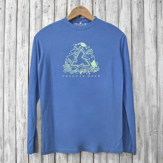 Sustainable blue 'Recycle More' long sleeve t-shirt for men with eco message and green recycle symbol, crafted from bamboo and organic cotton.