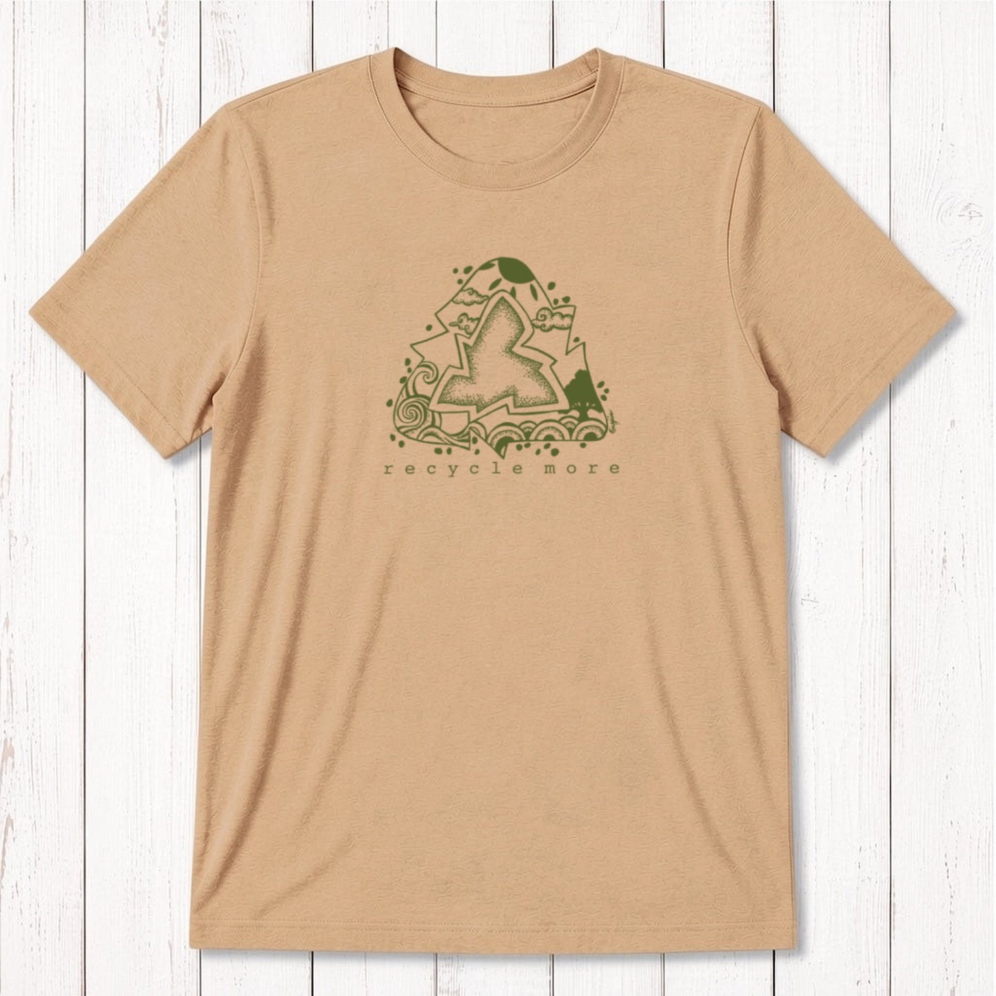 Tan men's bamboo and organic cotton t-shirt with blue recycle symbol and 'recycle more' slogan, classic fit eco-friendly apparel.