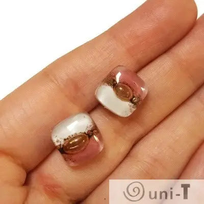 Recycled glass Stud Earrings. Pink, White and brown Earrings Studs. Fused Glass jewelry. Small earrings Carolina Portillo