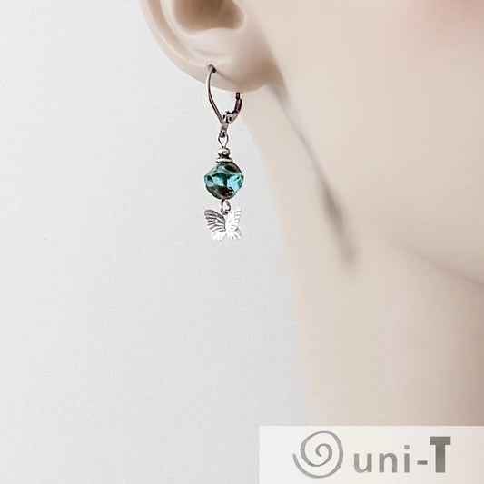 Rhodium Plated Butterfly Earrings with Turquoise Glass Beads - Surgical Steel Ear Wire Kathy James