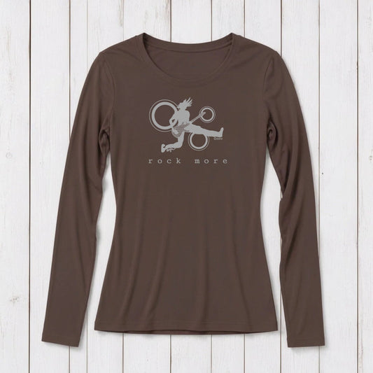 Dark brown Women’s Guitar Long Sleeve T-Shirt in Bamboo & Organic Cotton with white 'Rock More' band-style graphic, eco-conscious top by Uni-T.