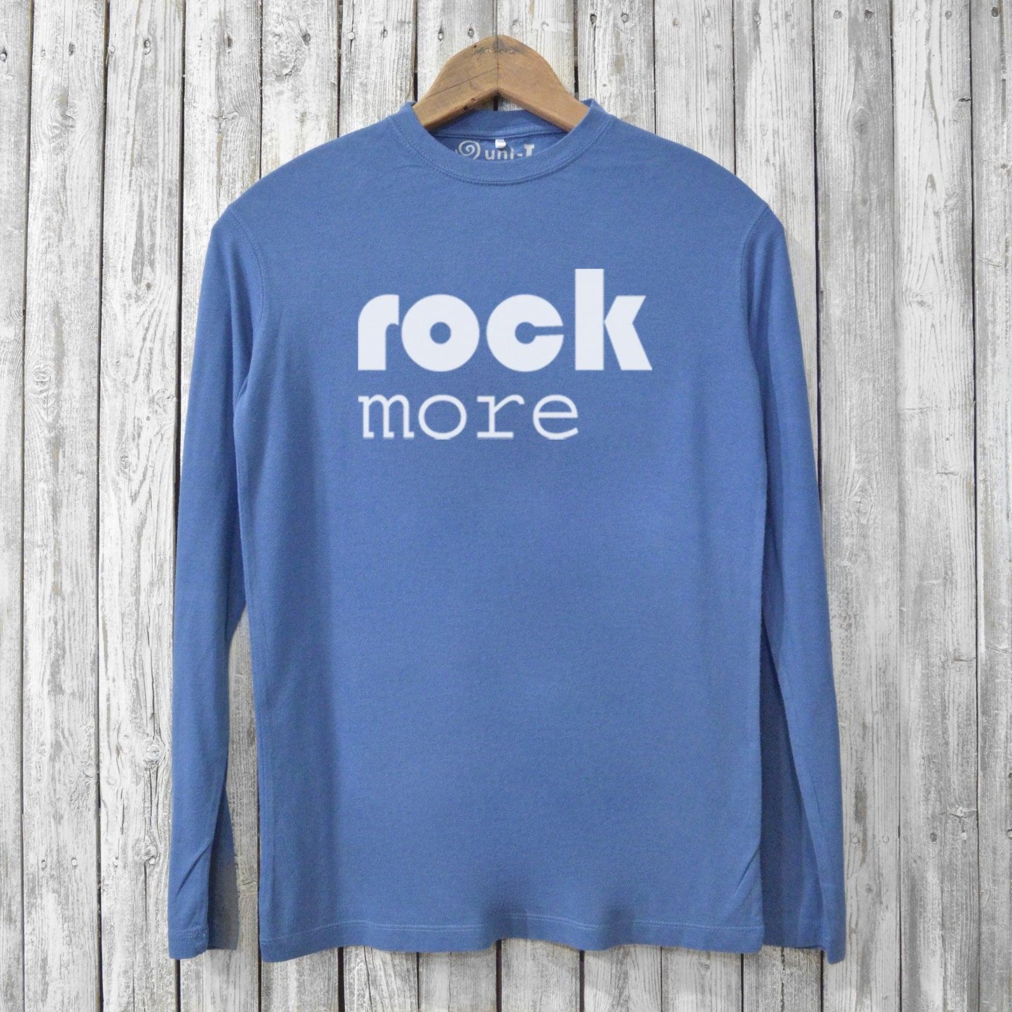 Rock More Long Sleeves - Eco-Friendly Shirts in sky blue bamboo and organic cotton with white graphic text, perfect for casual eco-conscious wear.
