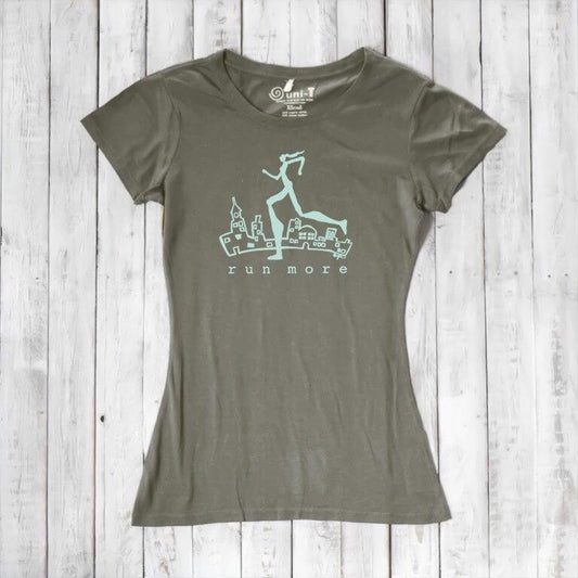 Olive green women's bamboo and organic cotton t-shirt with 'Run More' cityscape graphic, perfect eco-friendly athletic wear for runners.