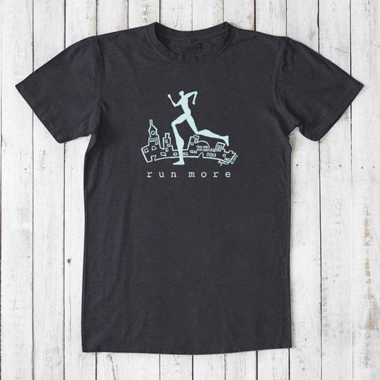 Black 'Run More' men's bamboo and organic cotton T-shirt featuring a cityscape and runner graphic, ideal for fitness and casual wear.