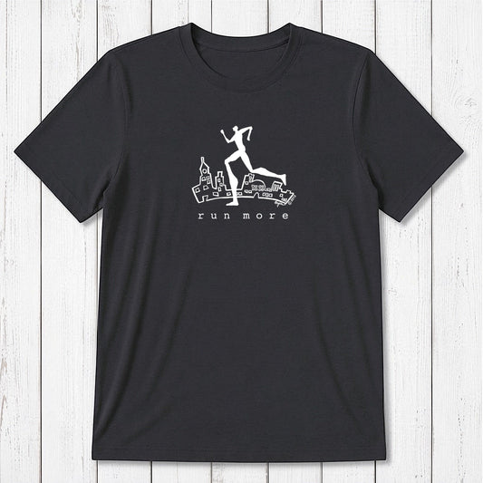 Black 'Run More' men's bamboo and organic cotton T-shirt featuring a cityscape and runner graphic, ideal for fitness and casual wear.