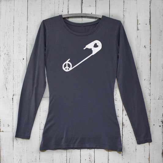 Charcoal gray bamboo women’s long sleeve tee with white safety pin, peace sign, and heart graphic, eco-friendly organic cotton by Uni-T.