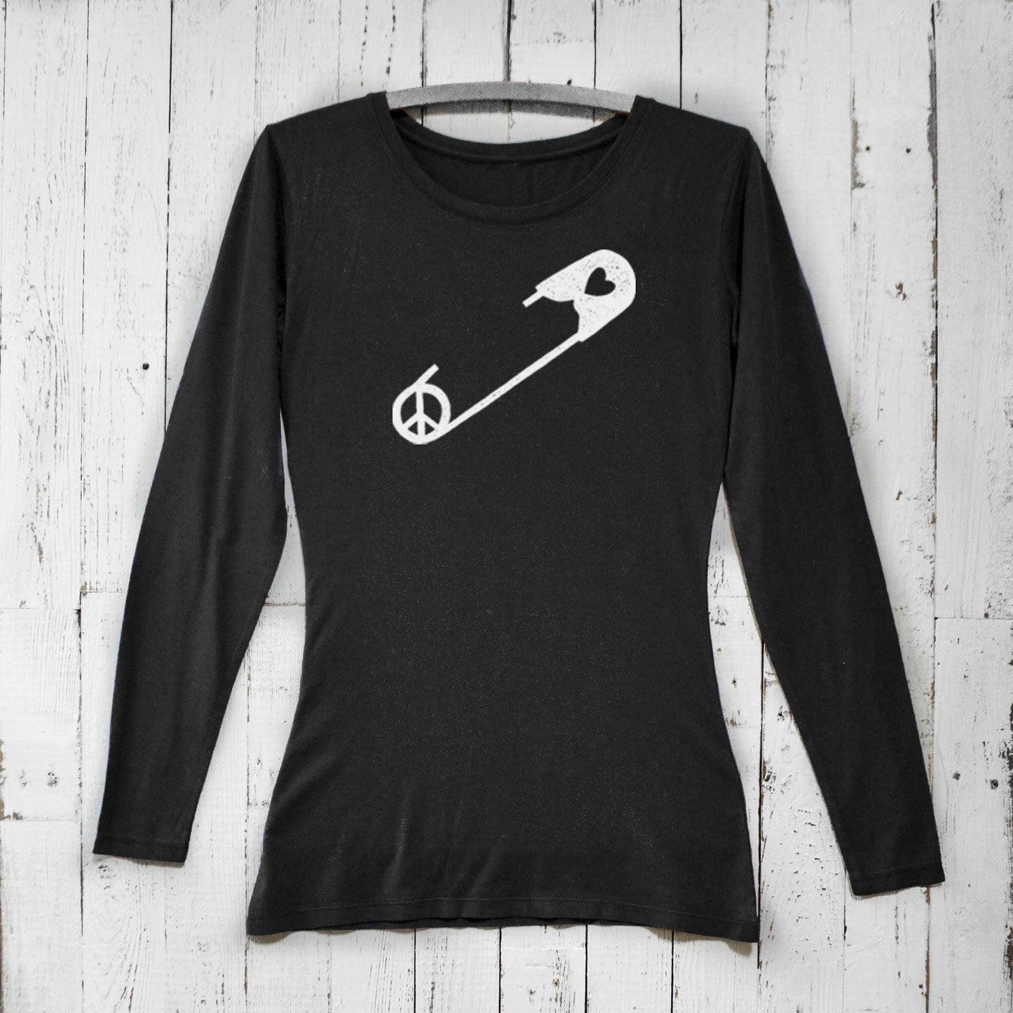 Black bamboo women’s safety pin long sleeve t-shirt with peace and heart graphic, eco-conscious organic cotton apparel by Uni-T.