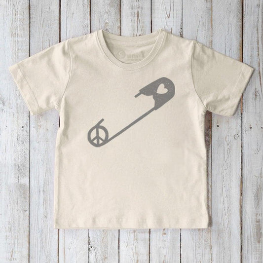 Eco-friendly Kids' Organic Cotton Safety Pin Tee in cream with gray peace and heart design, a sustainable kindness message shirt by Uni-T.