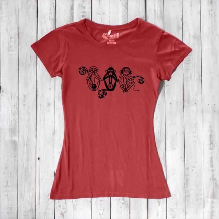 Red Women's Three Wise Monkeys T-Shirt in bamboo & organic cotton with black monkey artwork, a bold and sustainable choice for mindful living.