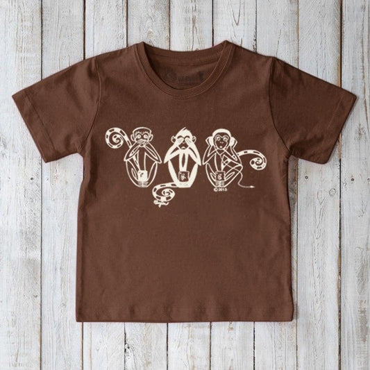 Brown Kids' Organic Cotton T-Shirt featuring whimsical Three Wise Monkeys design. Sustainable and fun animal tee for children by Uni-T.