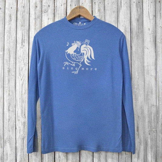 Blue bamboo and organic cotton men's long sleeve T-shirt featuring a chicken graphic and 'Sing More' text. Sustainable and stylish casual wear.