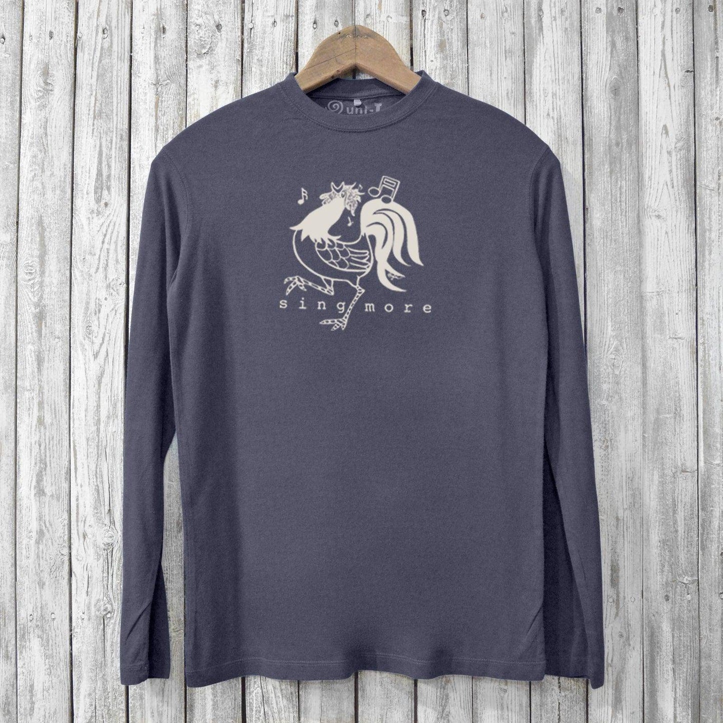 Charcoal gray men's long sleeve chicken T-shirt with 'Sing More' design, crafted from bamboo and organic cotton. Unique eco-conscious apparel.