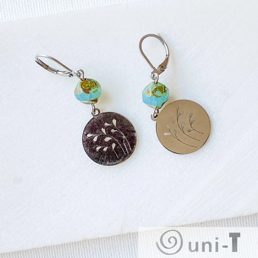 Surgical Steel Charm Earrings - Circle with Cut Out Leaves Kathy James