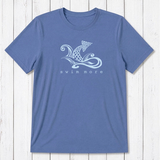 Blue Men's Swimming T-Shirt in Bamboo & Organic Cotton with 'Swim More' fish and wave graphic. Eco-friendly fitness tee for swimmers.
